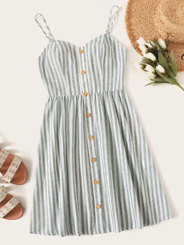 Button Front Striped Slip Dress