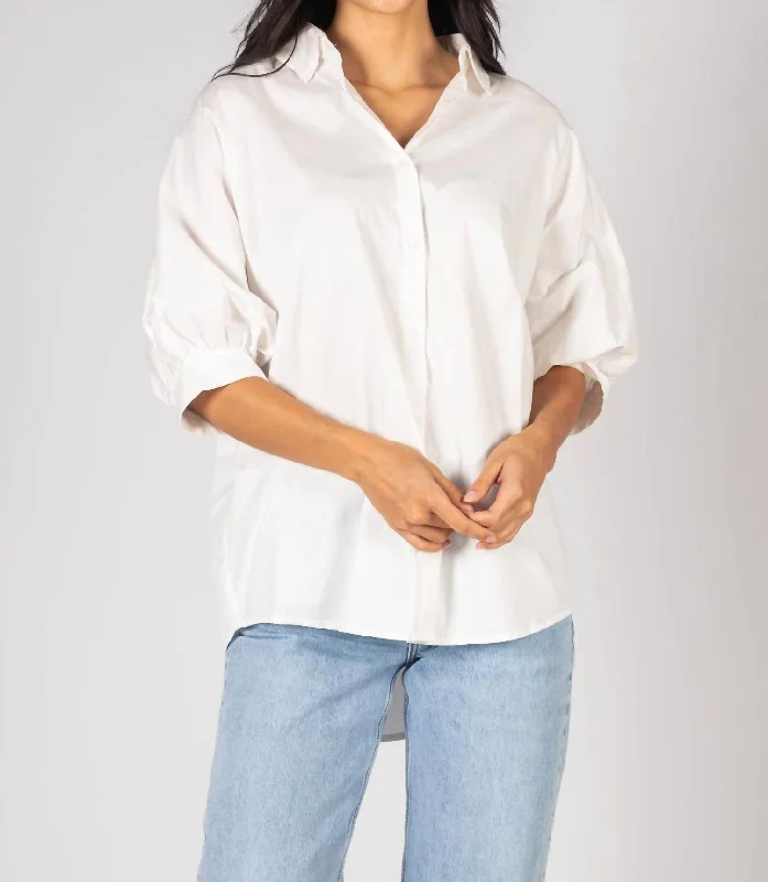 Oversized Button Up Puff Sleeve Top In WhiteKnitted Shirt