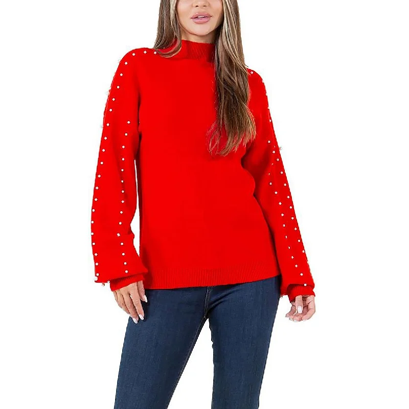 Wool Knit TopsFever Womens Embellished  Mock Turtleneck Sweater