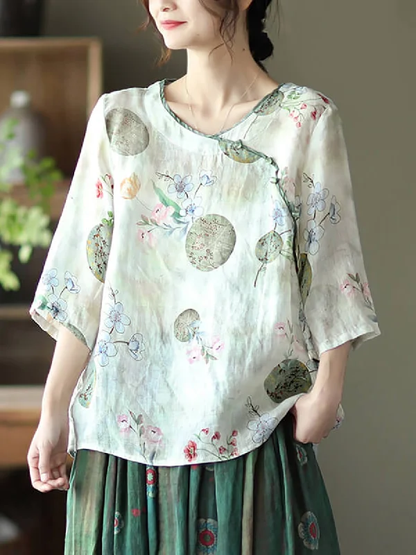 Plus Size Vintage Floral O-neck Women Ramie ShirtKnit Tee