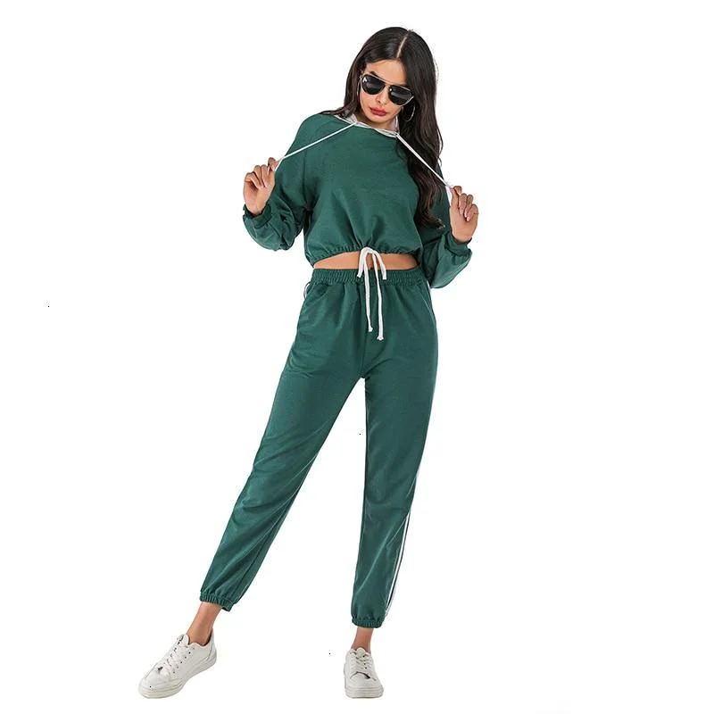 2019 Autumn Winter Casual Runway Tracksuits Women Set Two Piece Striped Hooded Crop Top and Ankle-Length Pant Sportswear Outfits