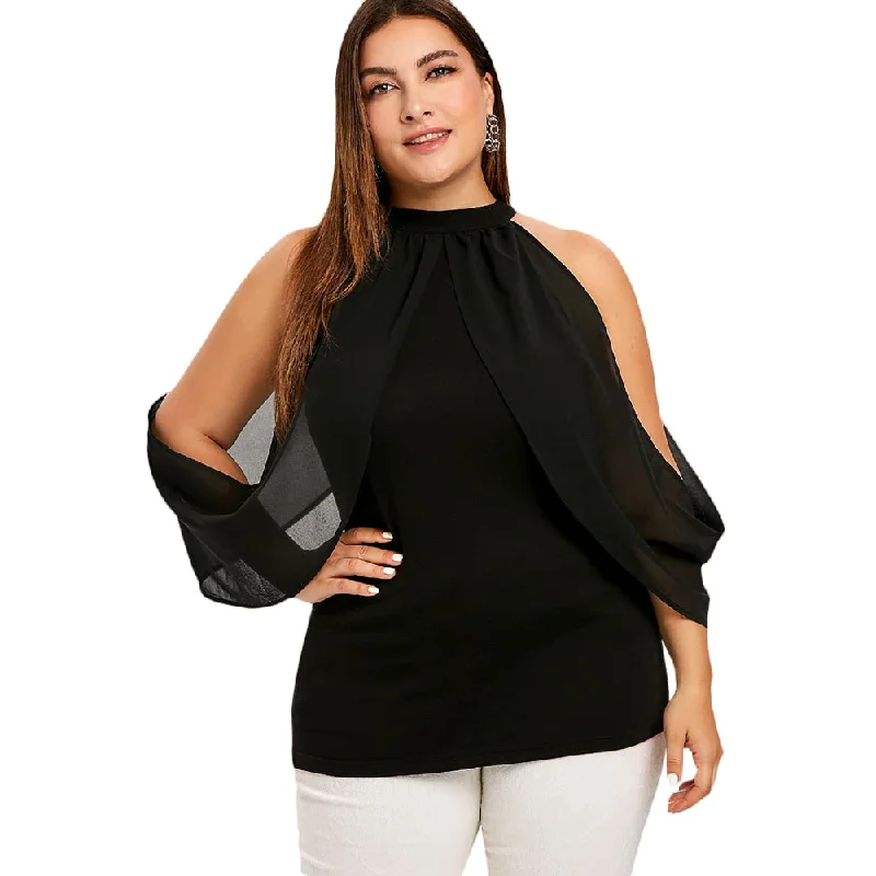 Plus Size Keyhole Cold Shoulder Overlap Top Women Blouse Fashion Casual Black Three Quarter Blouses Ladies Tops ClothingLarge women's pullover tops