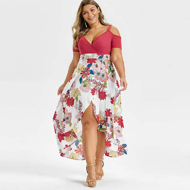 Plus Size Open Shoulder Floral Overlap Maxi Dress Asymmetrical Short Sleeves Cut Out High Waist V-Neck Bohemian Dress