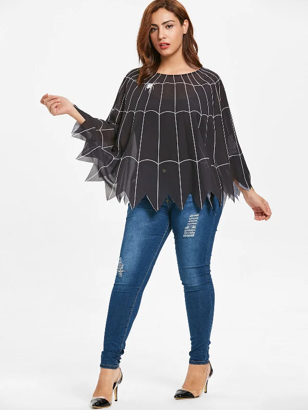 Halloween Plus Size Spider Web Print Poncho Blouse Women Tops New Fall Black O Neck Long Sleeve Blouses Shirts ClothingWomen's fleece tops