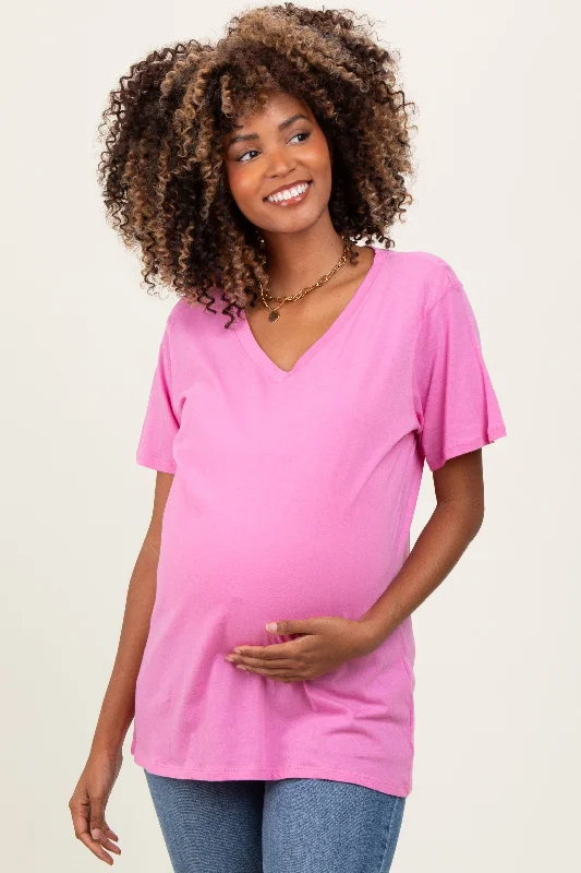 Pink Oversized V-Neck Short Sleeve Maternity TeeLarge women's zipper tops