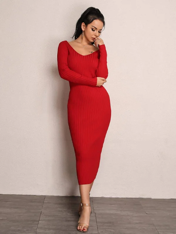 Double V Neckline Rib Midi Dress