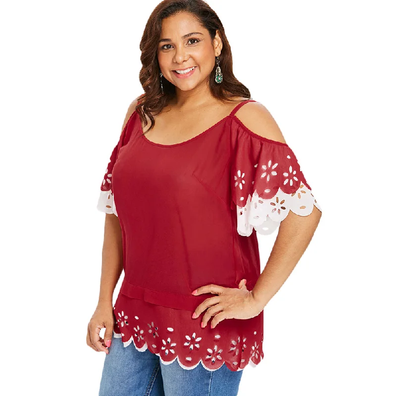 Plus Size Patchwork Scalloped Open Shoulder Two Tone Blouse Summer Women Tops Casual O Neck Half Sleeve Blouses PulloverWomen's thick tops