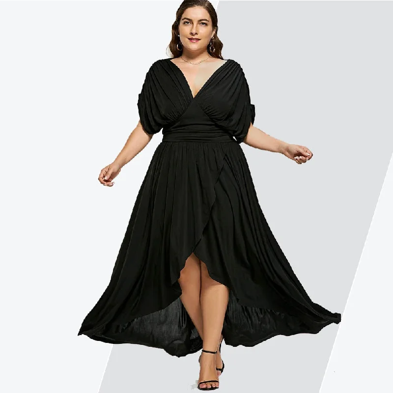 High Low Plus Size Maxi Flowy Dress High Waist Party Dress Women Black V-Neck Short Sleeves Ladies Dresses 2019 Vestidos