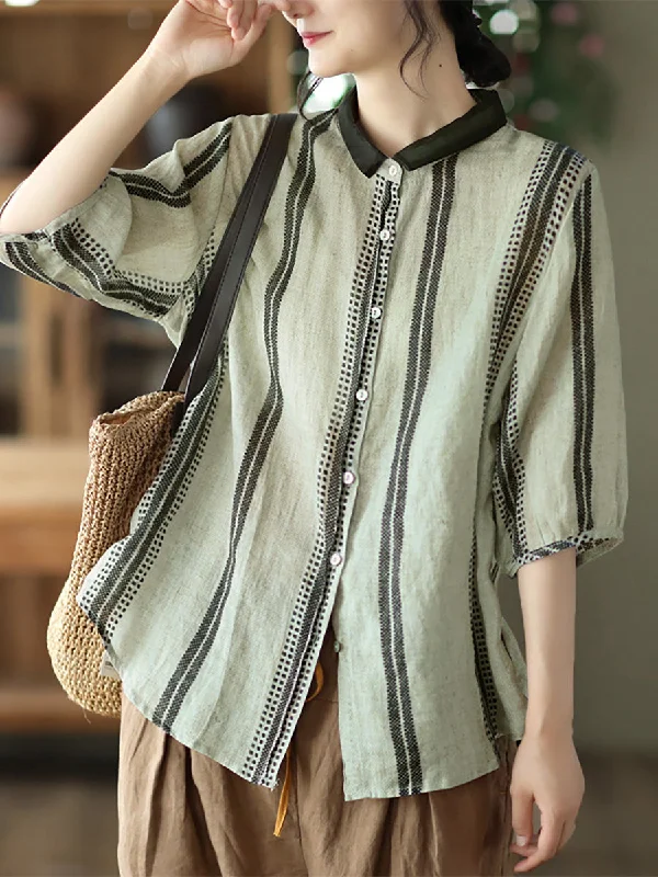 Plus Size Vintage Stripe Ramie Casual Summer Women ShirtPlus size women's solid color tops