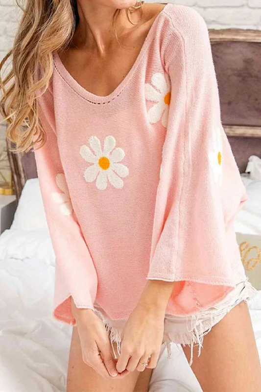 Lace-Up Knit TopsFlower Pattern Long Sleeve Sweater