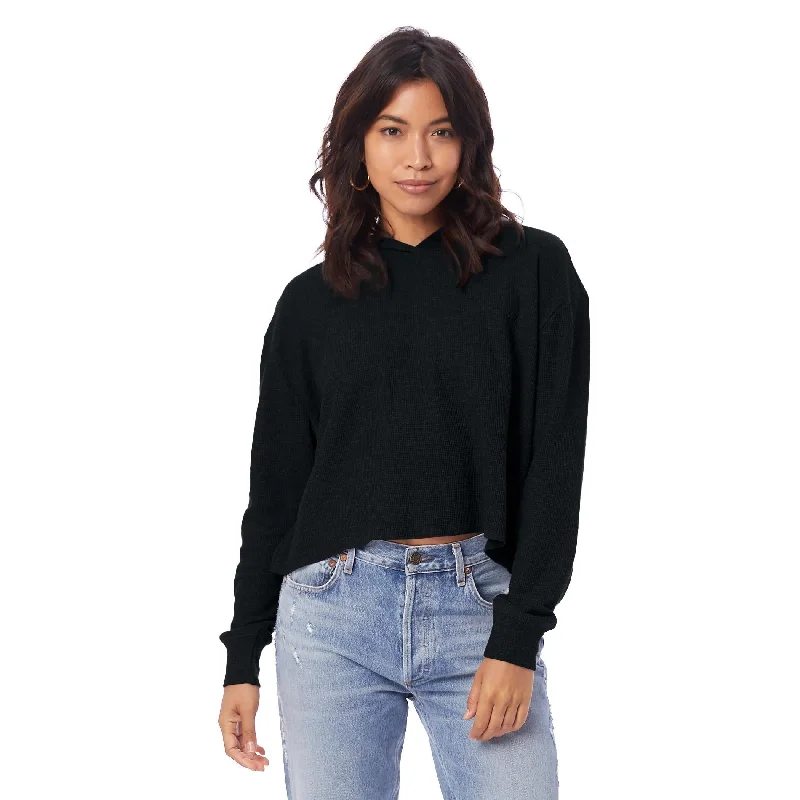 Hemp Knit TopsThermal Relaxed Cropped Hooded Shirt (Black)