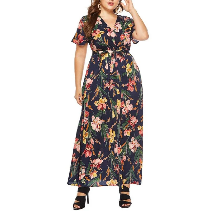 Women's Plus Size V-Collar Short Sleeve Print Long Dress Floral Print Summer Beach Bodycon Maxi boho Dress Women Robe vestido