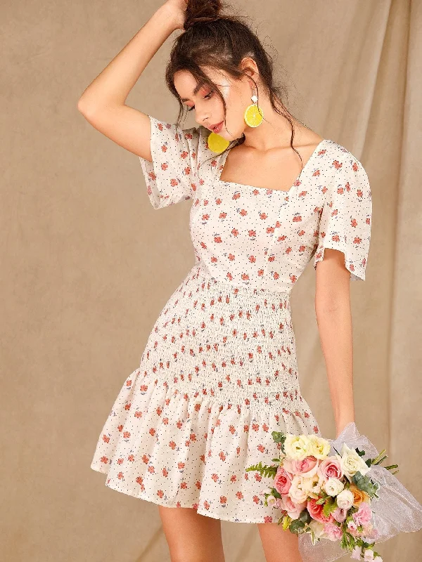 Floral Print Shirred Tie Back Dress