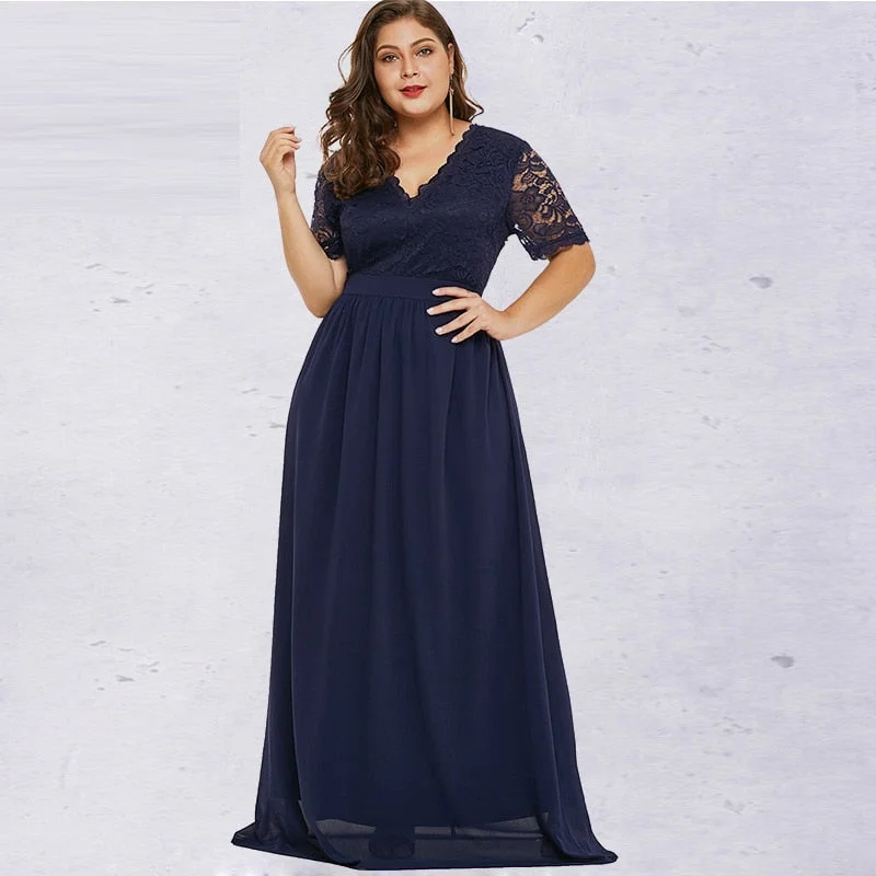 Rosegal Plunging Neck Plus Size Lace Sleeve Maxi Dress Women Dress Solid Color Half Sleeves Floor-Length Dresses 2019 Vestidos