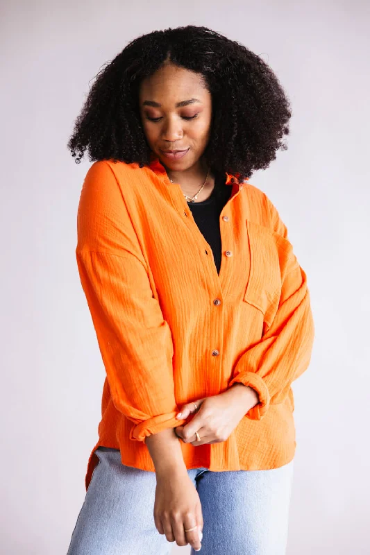 ACOA Oversized Gauze Boyfriend Shirt for Women in Orange | ACT10403-BRIGHTREDLarge women's waterproof tops