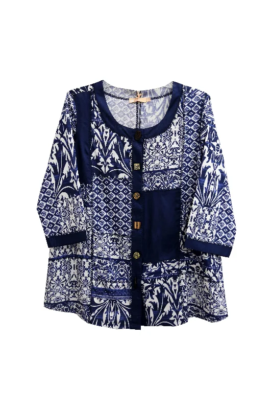 La Cera Plus Size Navy Mosaic Tile Print TopLarge women's blended tops