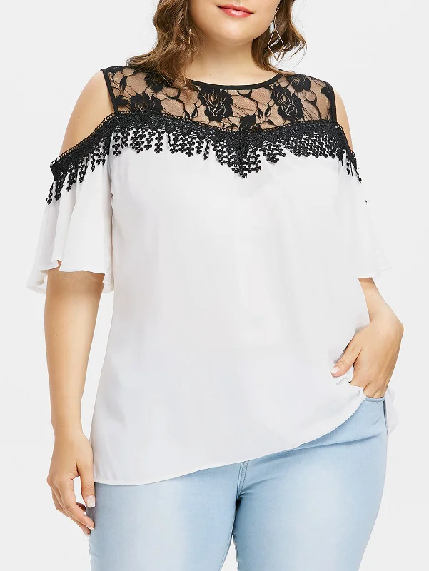 Plus Size Cold Shoulder Lace Panel Blouse Summer O Neck Flare Sleeve Women Blouses Casual Ladies Top Big Size ClothingLarge women's stretch tops