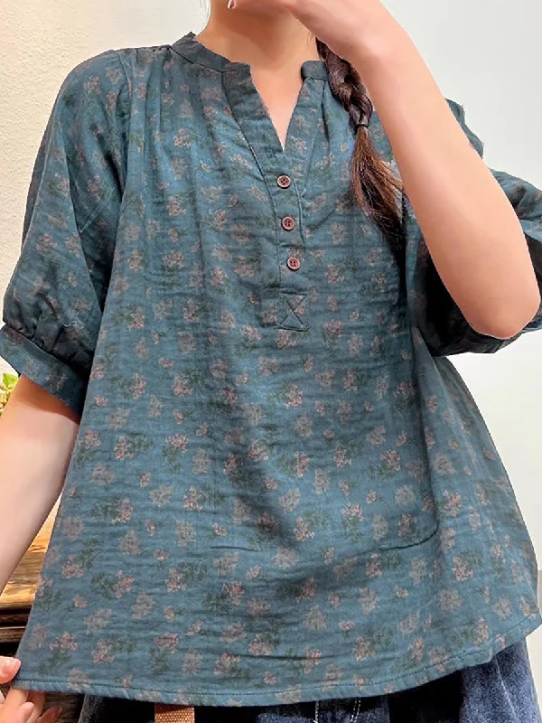 Plus Size Women Summer Artsy Floral Button Loose ShirtPlus size women's hollow tops