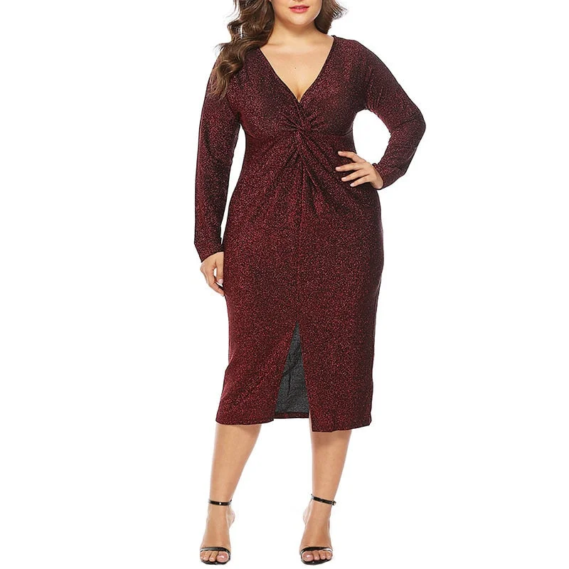 Plus Size Dresses Sexy V Collar Long Sleeve Front Slit Dress Women'S Clothing Female Solid Color Dress Big Size Vestido