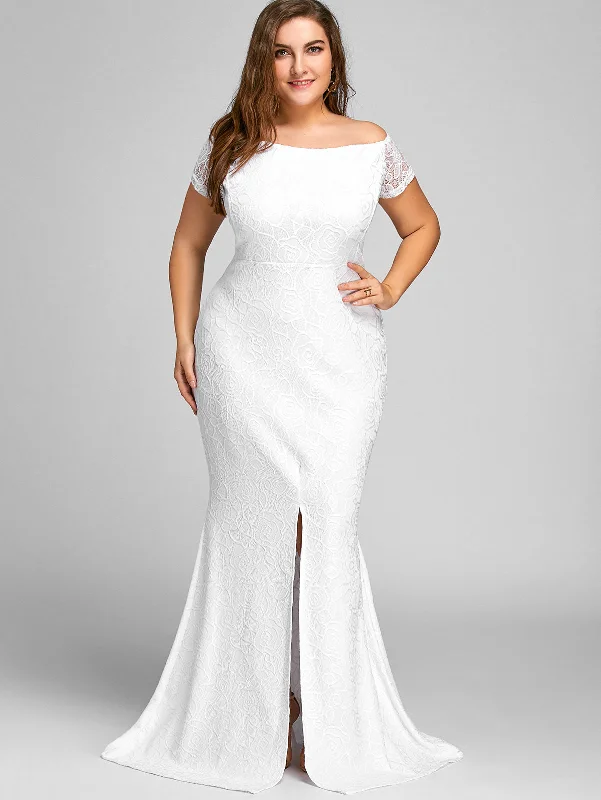 Off The Shoulder Slit Lace Plus Size Dress Short Sleeves Floor-Length High Waist Party Dress Sexy Mermaid Maxi Dress