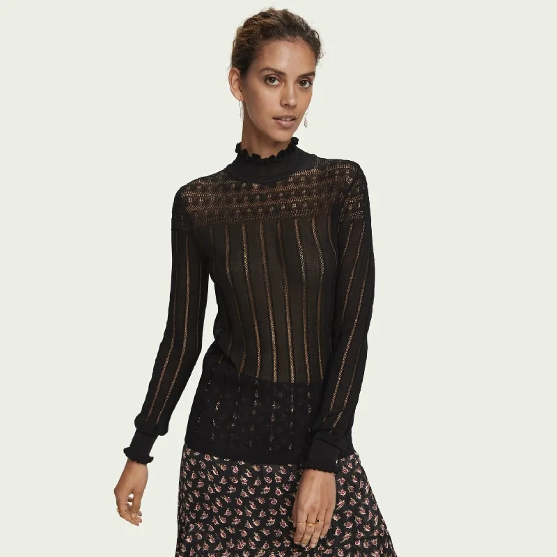 Pocketed Knit TopsSheer Long Sleeve Layering Knit Top (Black)