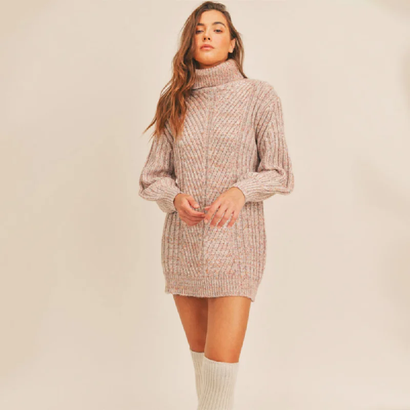 Limited Edition Knit TopsHigh Neck Balloon Sleeve Sweater Dress (Multi Colour + Cream)