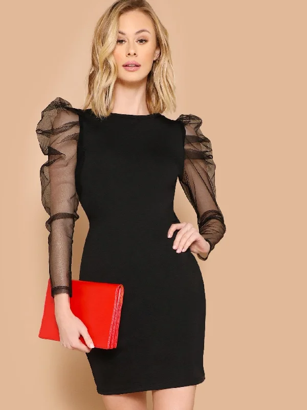 Mesh Gigot Sleeve Bodycon Dress