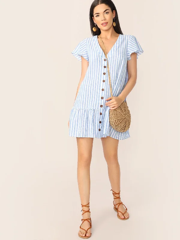 Single Breasted Ruffle Hem Striped Dress