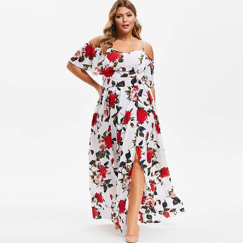 Plus Size Floral Open Shoulder Dress A-Line Spaghetti Strap Cold Short Sleeves Holiday Print High Waist Women Long Dress