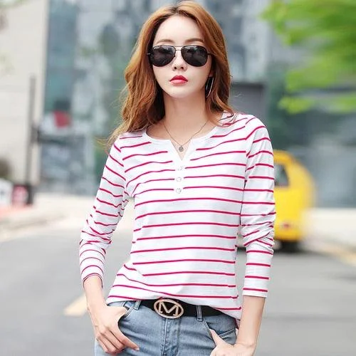 Cotton Women T-Shirt  -Women Long Sleeve Striped Top - Female Clothing Fashion Top - Lady  V-neck - Plus Size (TB2)Large women's zipper tops