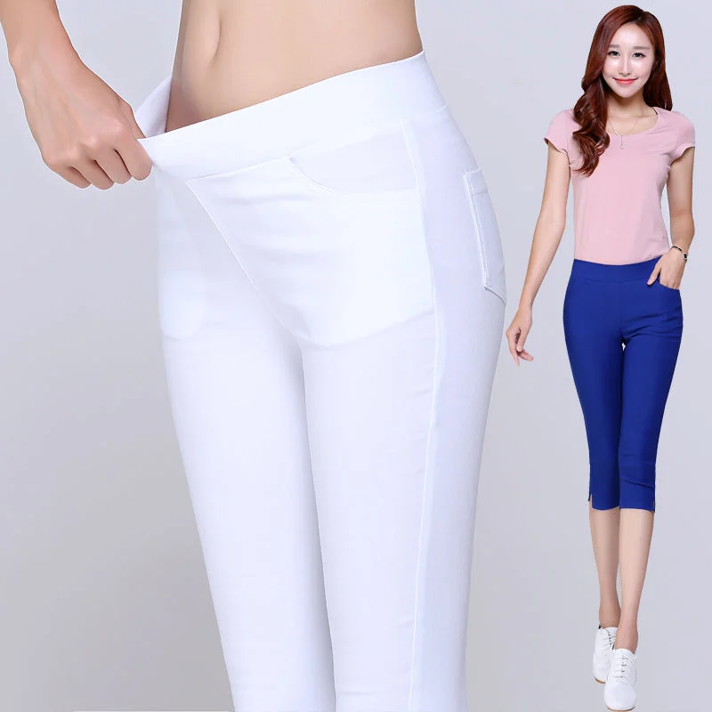 2016 Summer Style Candy Color Capris Pants Women cotton Thin Pants Ladies High Waist Elastic Plus Size S-3XL pencil PantsLarge women's windproof tops