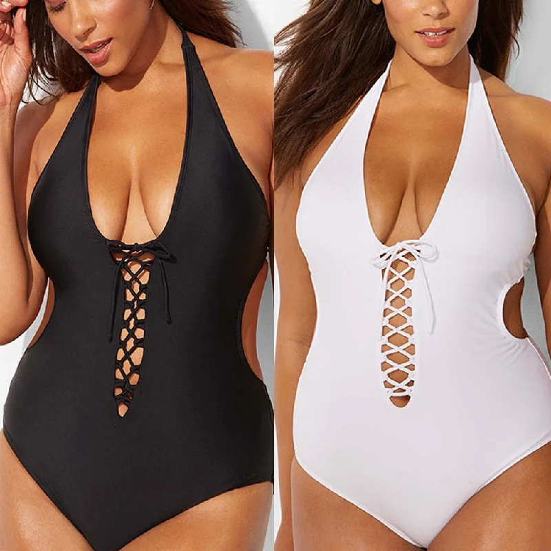 2019 Women Plus Size Deep V Straps One-piece Sling Hanging Neck Bikini Swimsuit Swimwear Bathing Suit Beachwear Monokini W2258Plus size women's elegant tops