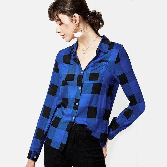 New Women Plaid Blouse Shirts - Plus Size Tops - Casual Long Sleeve Tunic Turn Down Collar Office Shirt (TB4)Women's fleece tops