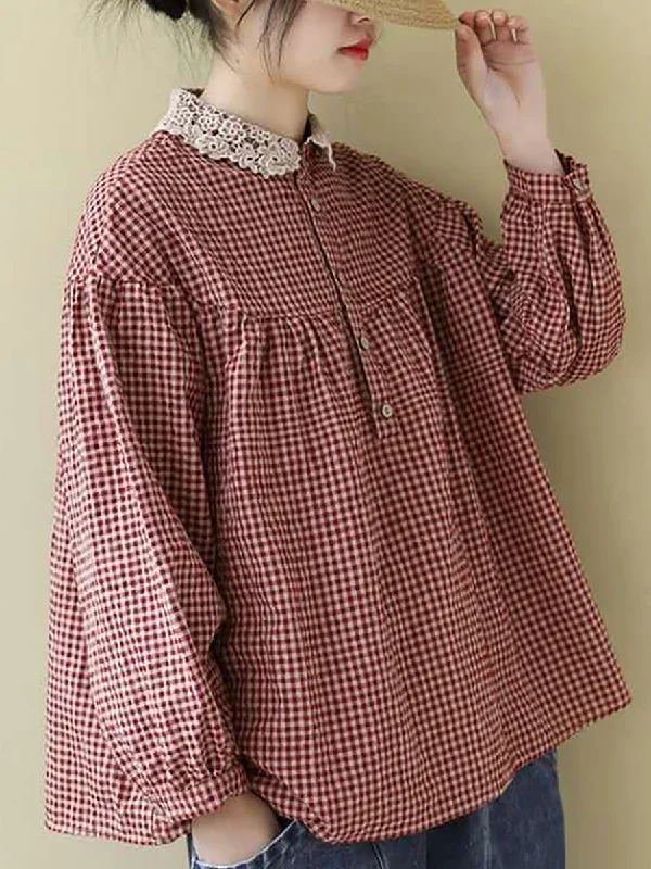 Plus Size Women Loose Breasted Lace Plaid TopsPlus size women's silk tops