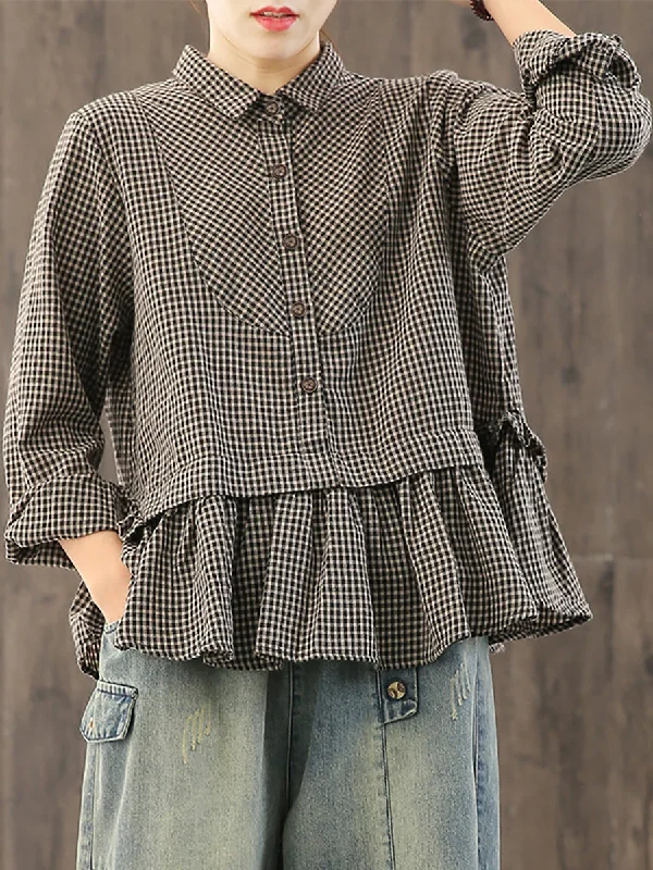 Plus Size Loose Plaid Ruffle Splicing Cotton Linen ShirtPlus size women's lace tops