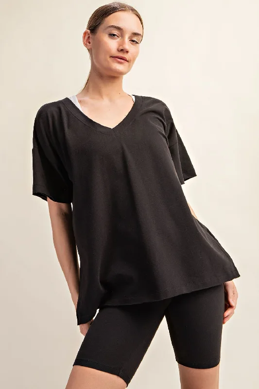 Black Oversized V-Neck Side Slit TeeLarge women's wool tops