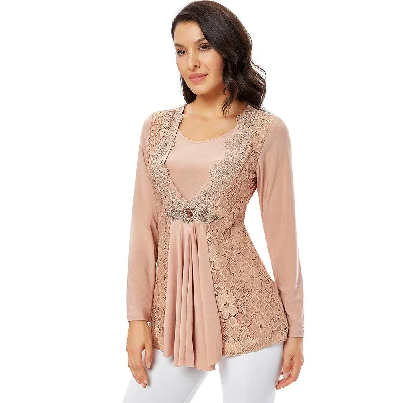 Gorgeous Plus Size Women Blouse - Vintage Spring Autumn Floral Crochet Lace Top - Cotton Long Sleeve Tunic Blouse (TB1)(BCD2)Large women's pullover tops