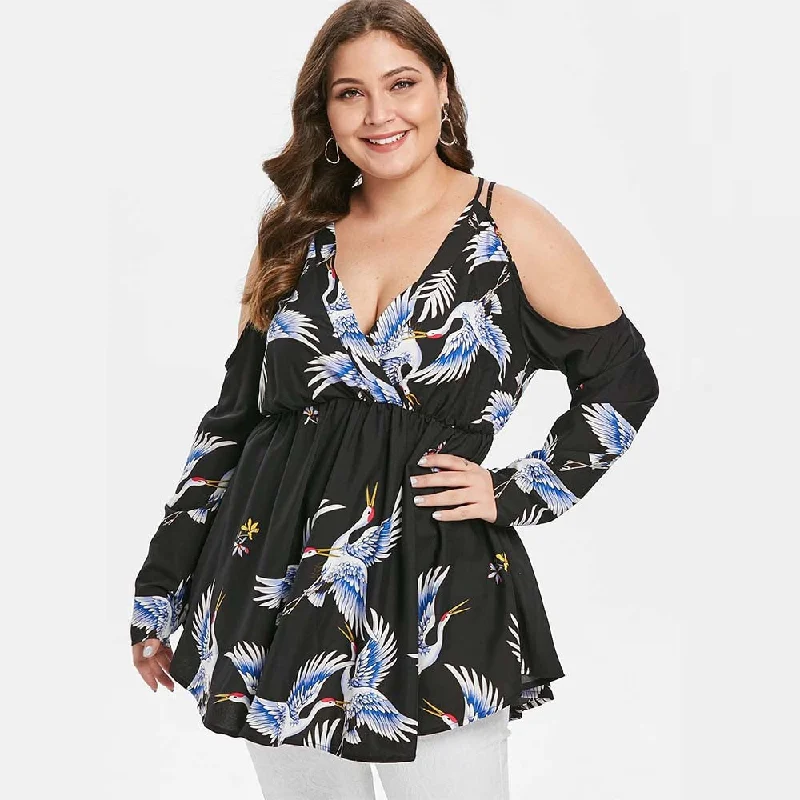 Plus Size Crane Print Surplice Tunic Top Women Blouse Cold Shoulder Plunging Neck Long Sleeve Blouses Ladies Tops BlusasWomen's spring tops