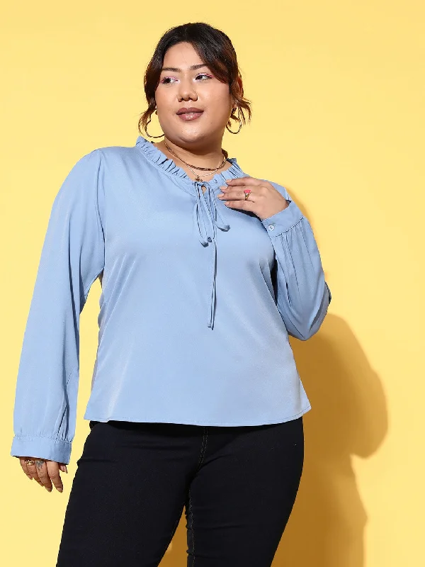 Berrylush Women Plus Size Solid Blue Tie-Up Neck Cuff Sleeves Crepe Woven Regular TopPlus size women's cotton tops