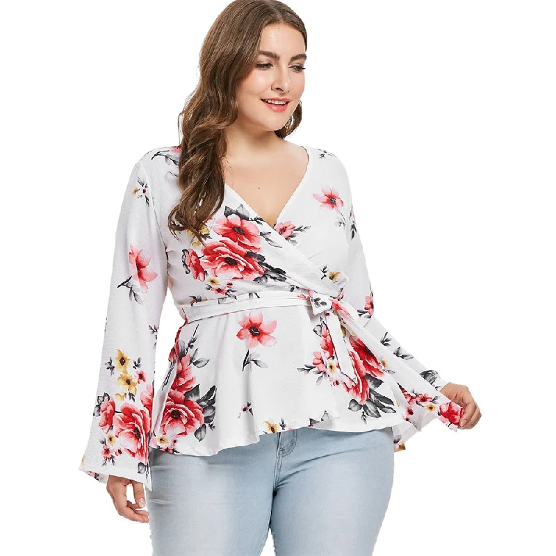 Plus Size Plunging Neck Flared Sleeve Floral Print Blouse Women Tops Fashion Casual Self-Tie Waist Blouses Shirts 2019Large women's quick-drying tops