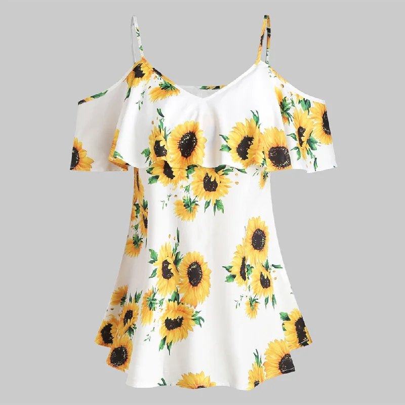 Plus Size Cold Shoulder Sunflower Print Blouse Half Sleeve Spaghetti Strap Blouses Beach Style Women Summer Tops 2019Large women's waterproof tops