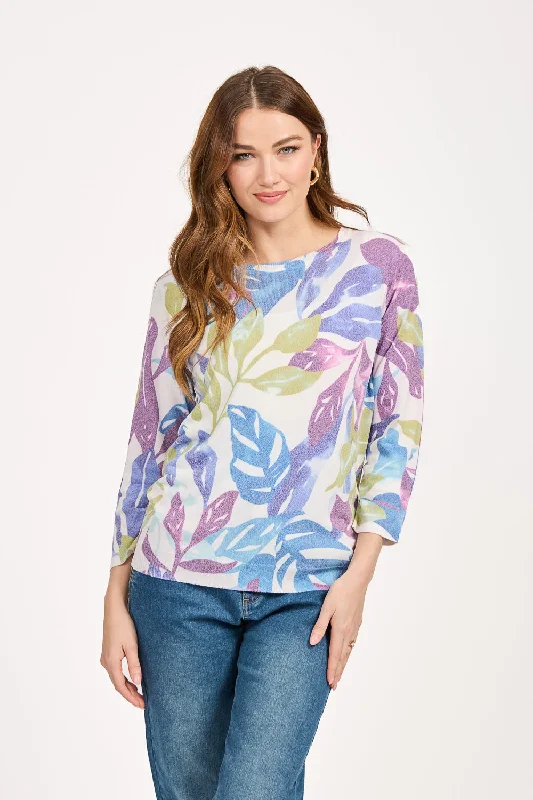 Velvet Knit TopsLeaf Print Jumper - Purple Combo