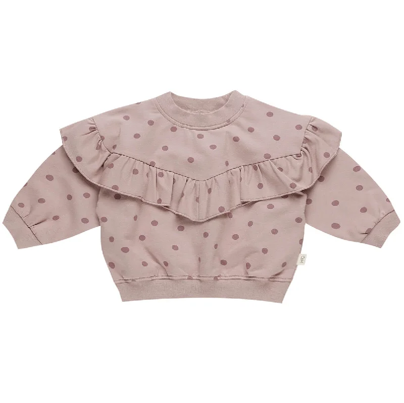 Running Knit TopsRuffle Fleece Sweatshirt in Polka Dots by Quincy Mae