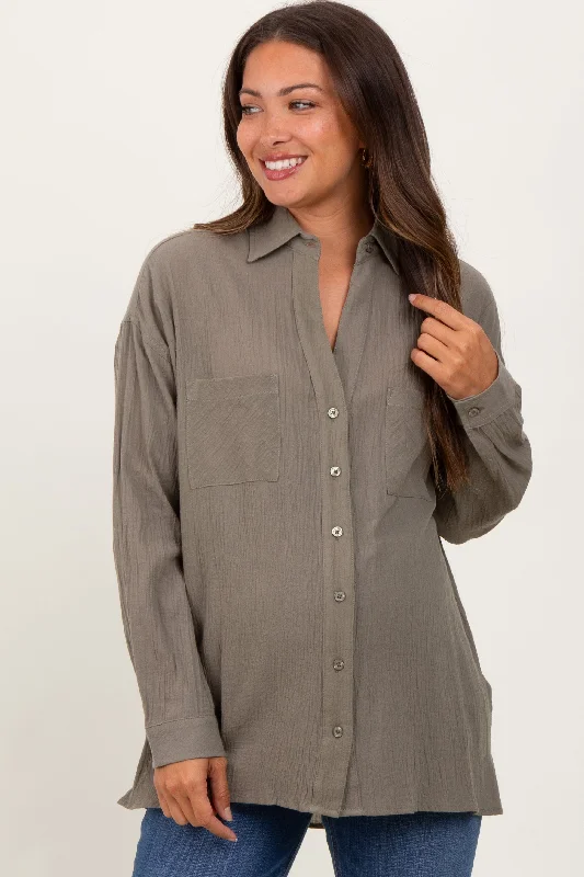 Olive Cotton Gauze Oversized Maternity Button Down ShirtLarge women's belly-baring tops