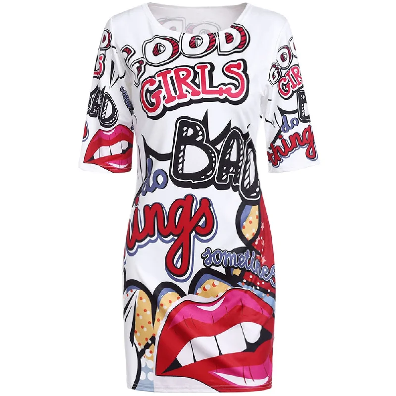 Plus Size T Shirt Dress Women Funny Print Summer Dresses Cartoon Hip-Hop Lip Letters Mini Dress Club Party Vestidos Robe