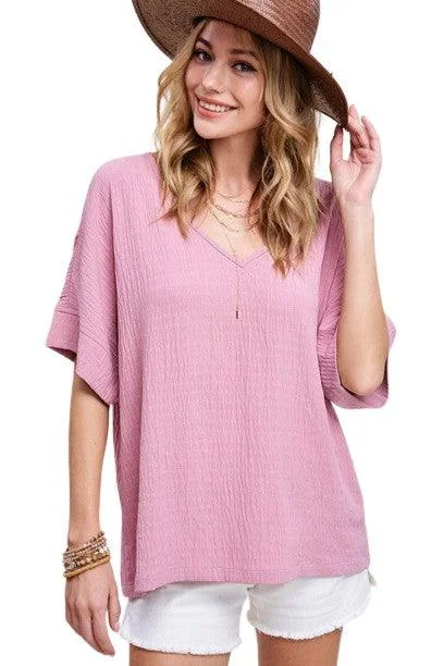 La Miel Short Sleeved V-Neck Oversized TopWomen's sleeveless tops