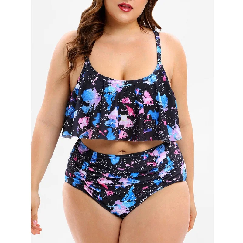 Womail Plus Size Vintage Print Tankini Bikini  Bathing Suit Retro Bikini High Waist Swimsuit Vintage Beachwear Two Piece  W22525Knitted Top