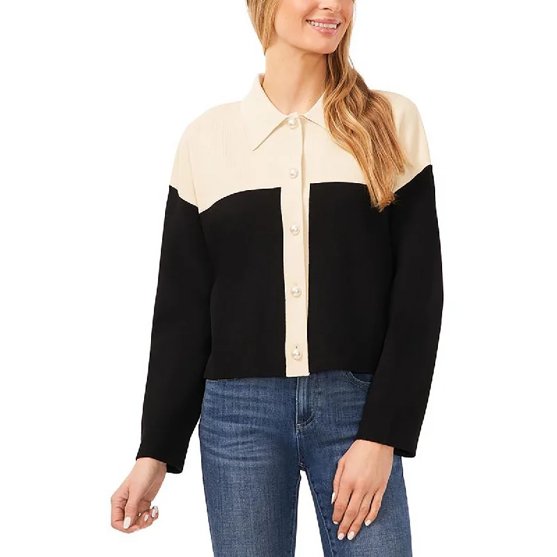 Leather-Paneled Knit TopsCeCe Womens Colorblock  Button-Up