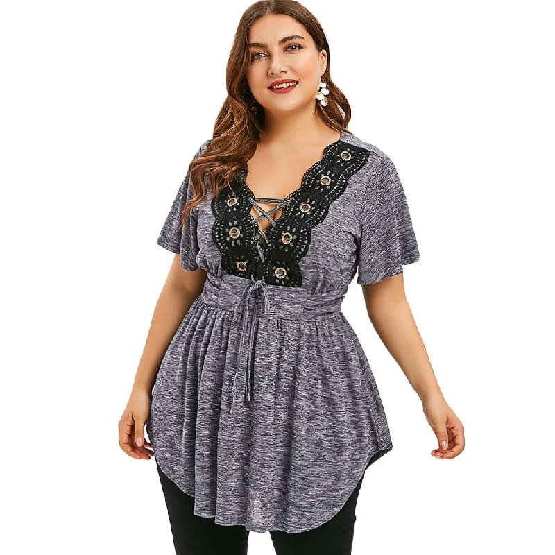 Insert Lace Up Plus Size T-Shirt Casual V-Neck High Waist Vintage Tops Lace Big Size Women Summer Long Tees 2019Plus size women's bohemian tops