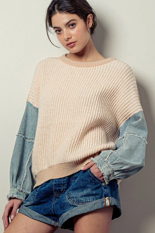 Logo Knit TopsDenim Sleeve Two Tone Knit Sweater